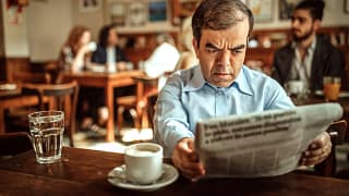 man with dwarfism reading newspaper at cafe.jpg