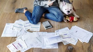 Woman and dog on floor with papers and calcul.width ZiKcSJ.jpg