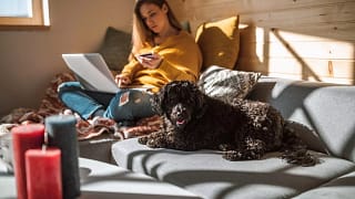woman holding credit card with dog and laptop.width JcKQUn.jpg