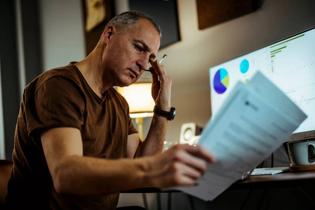 middle aged man serious looking at documents.jpg