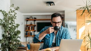 man drinking espresso working from home FLPnn