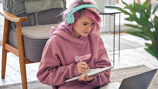 listening learning headphones laptop notes studying