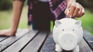 Coin in piggy bank on picnic table qhfpP.width