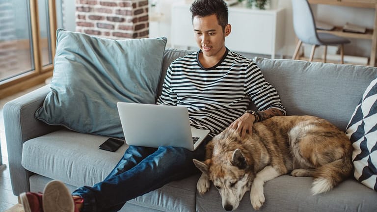 young man on laptop on couch with dog QRysiD.width .jpg
